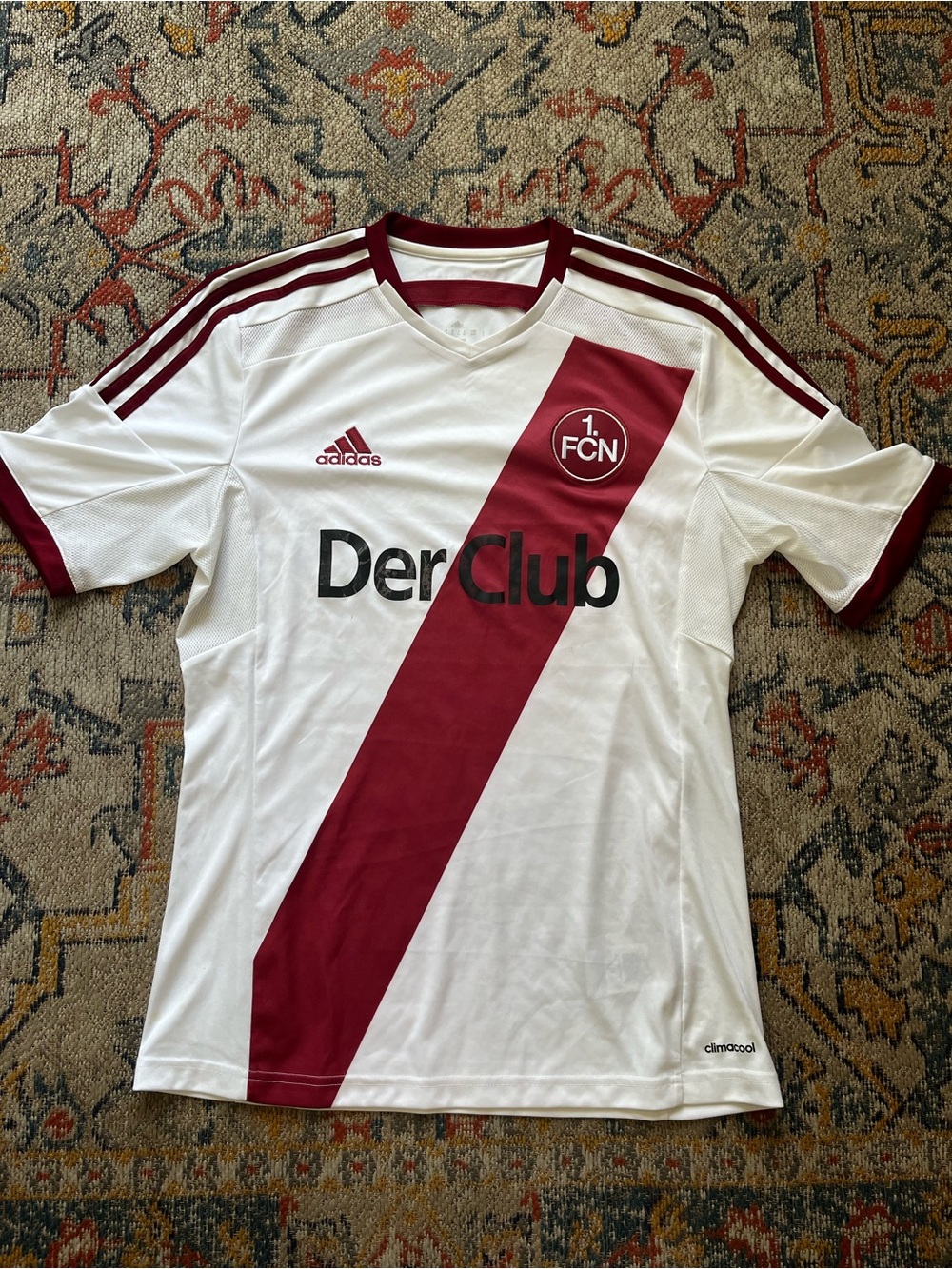adidas White and Maroon Soccer Jersey Collar Detail